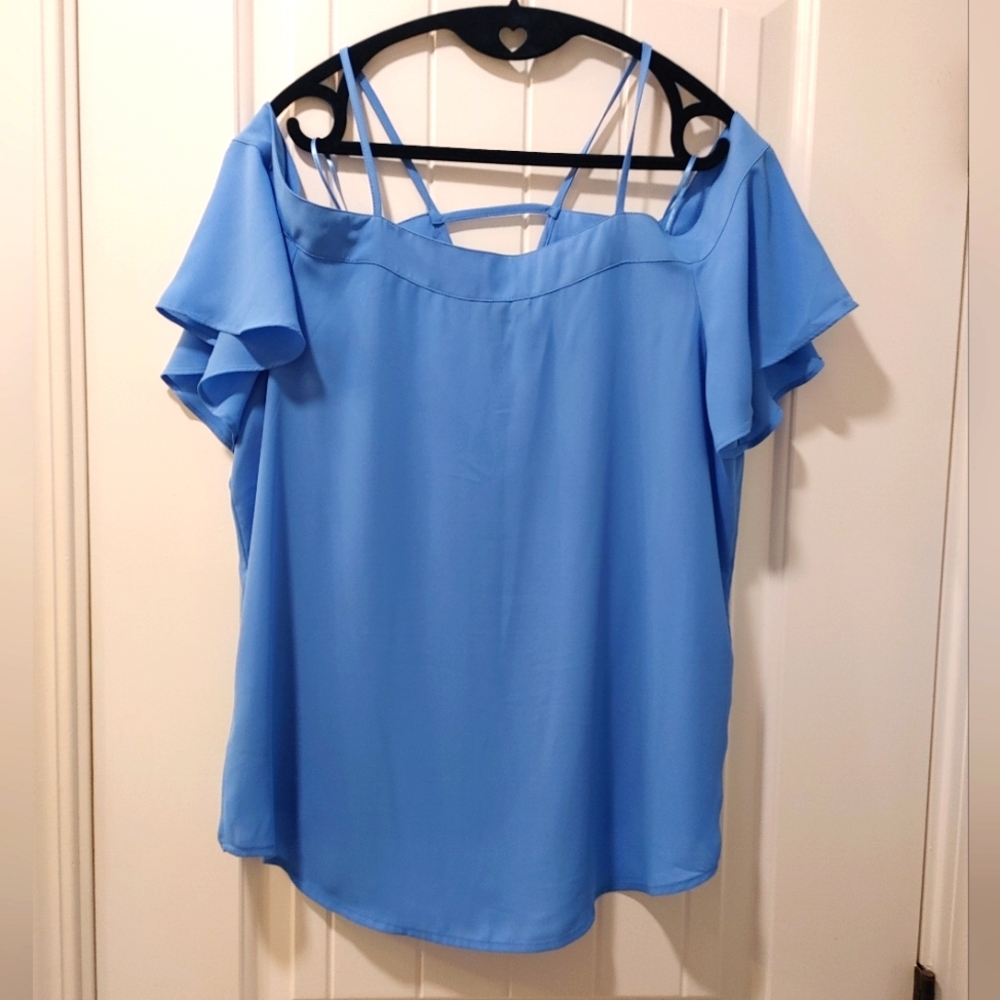 Euc Express Cold Shoulder Light Blue Button Down … - image 3